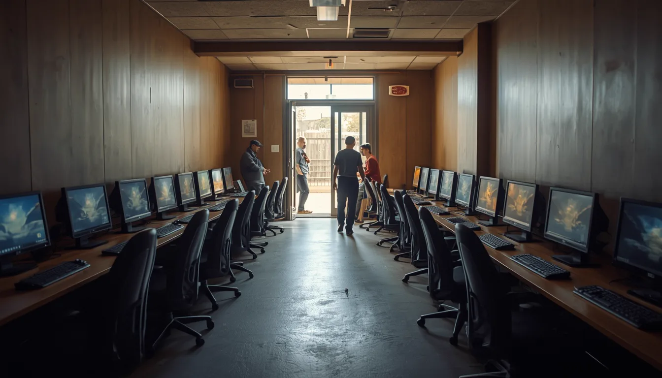 Daylight spilling through the front door across two facing rows of gaming stations at ten in the morning