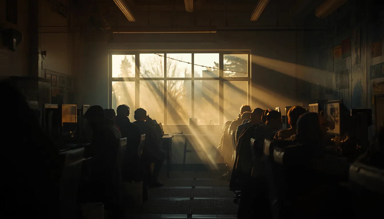 Morning sunlight streaming through a tall window across rows of gaming stations at the computer club