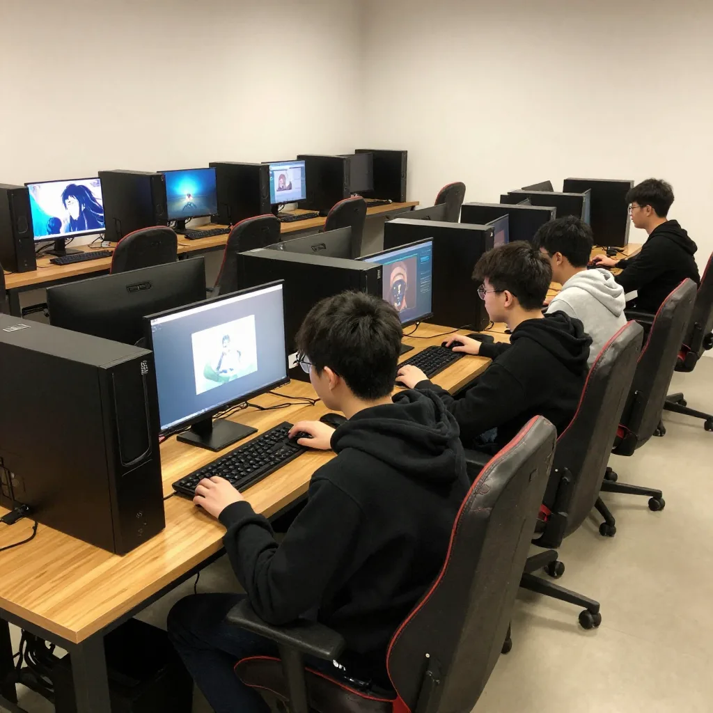 A long row of monitors on a wooden desk before the club fills, screens waking up in the quiet